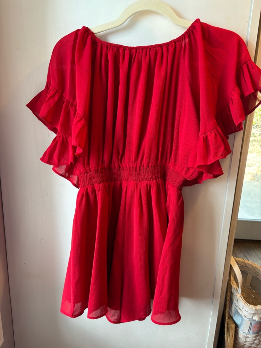 Kittenish Vibrant Red Ruffle Off-Shoulder Romper - Picture 5 of 5
